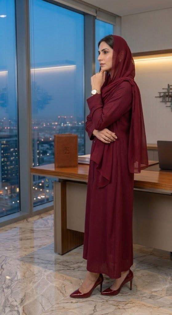 Professional Maroon Button-Front Abaya