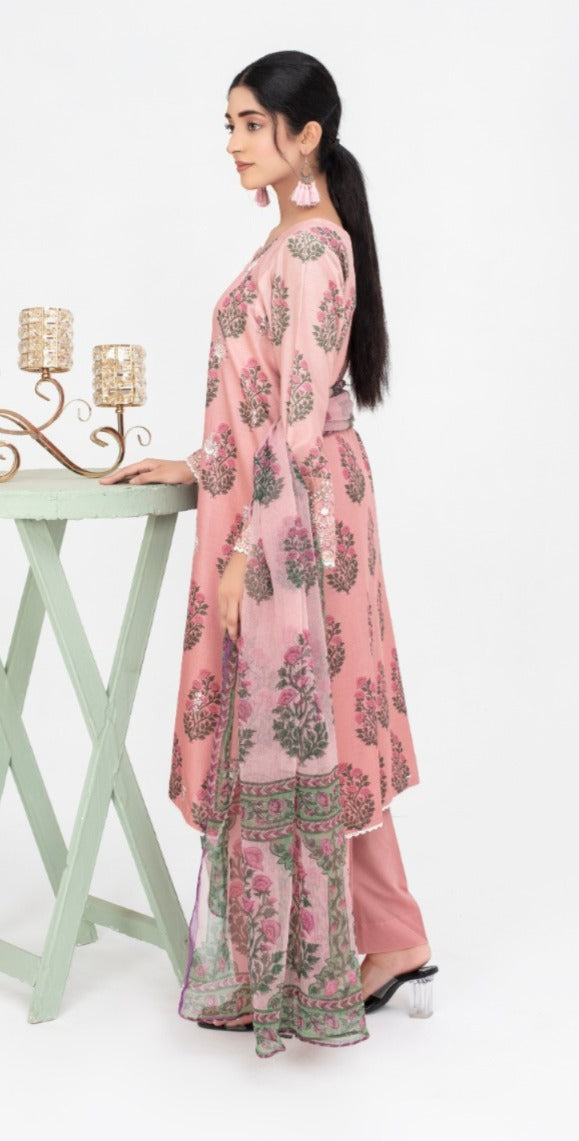 Tea Rose Floral Embroidered 3-Piece Lawn Suit