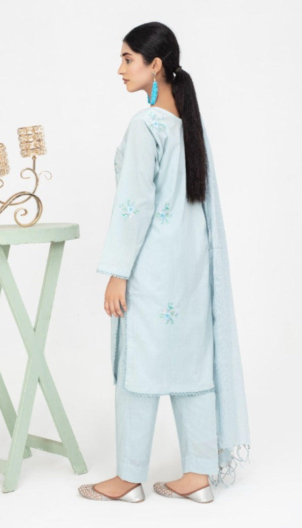 Sky Blue Embroidered Cotton 3-Piece Suit
