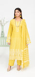 Woman wearing a yellow embroidered outfit with a white background