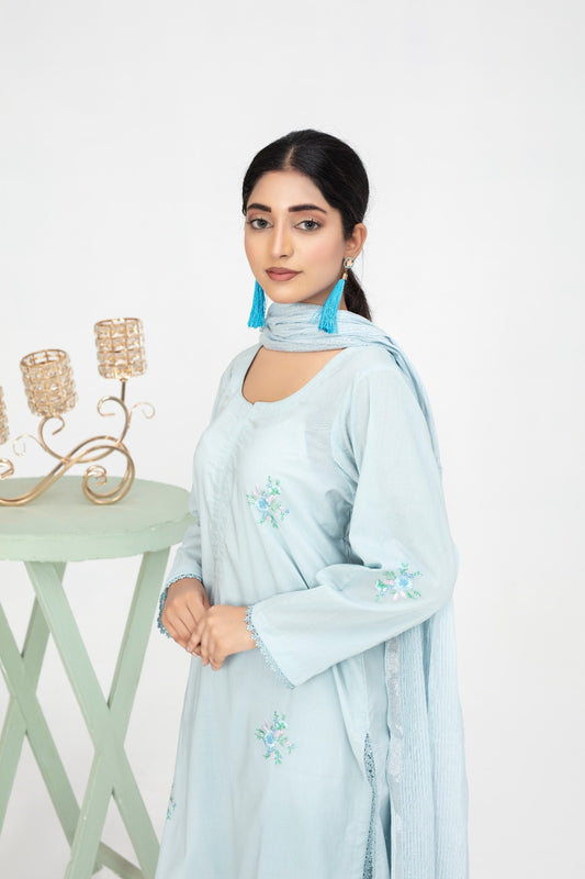 Sky Blue Embroidered Cotton 3-Piece Suit