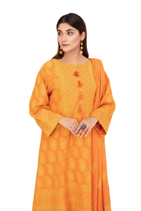 Woman wearing an orange kurta with a matching dupatta on a white background